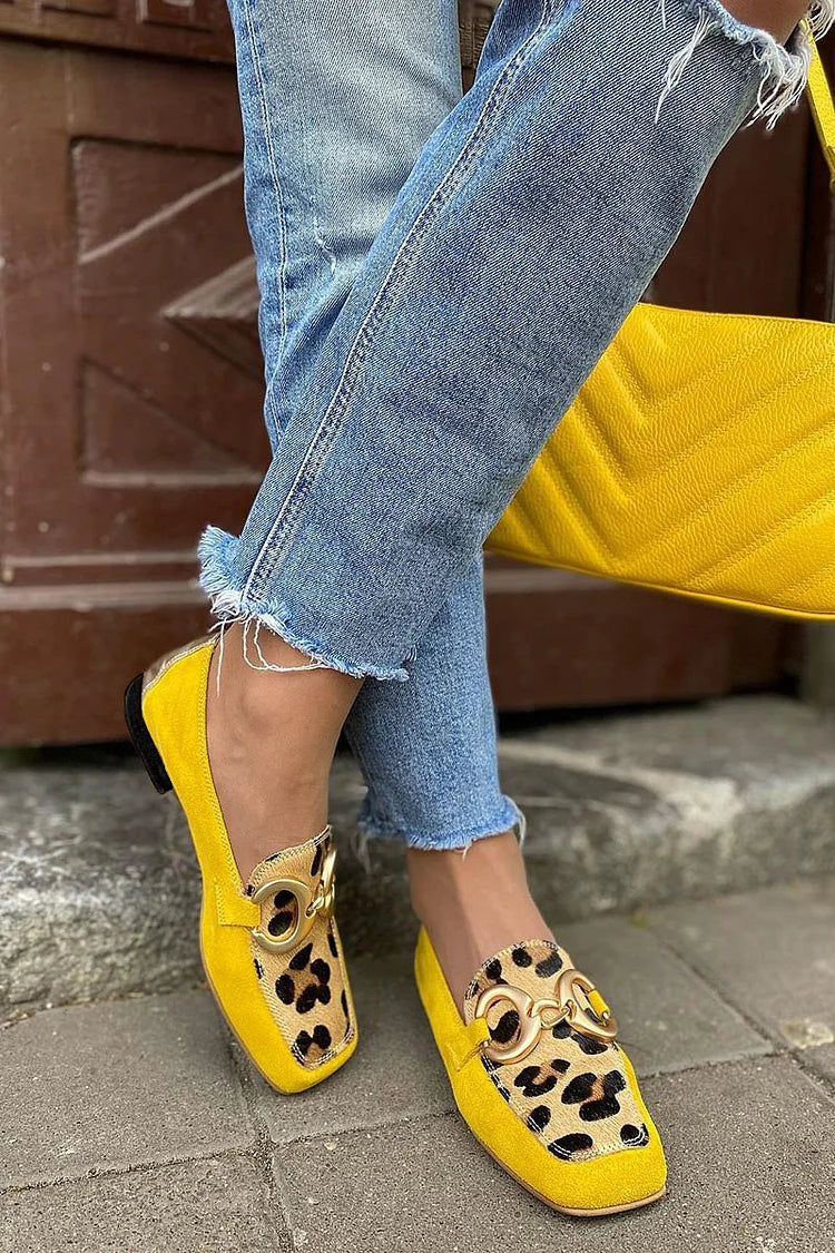 YELLOWSTRIDE | YELLOW LOAFERS WITH LEOPARD PRINT DETAIL
