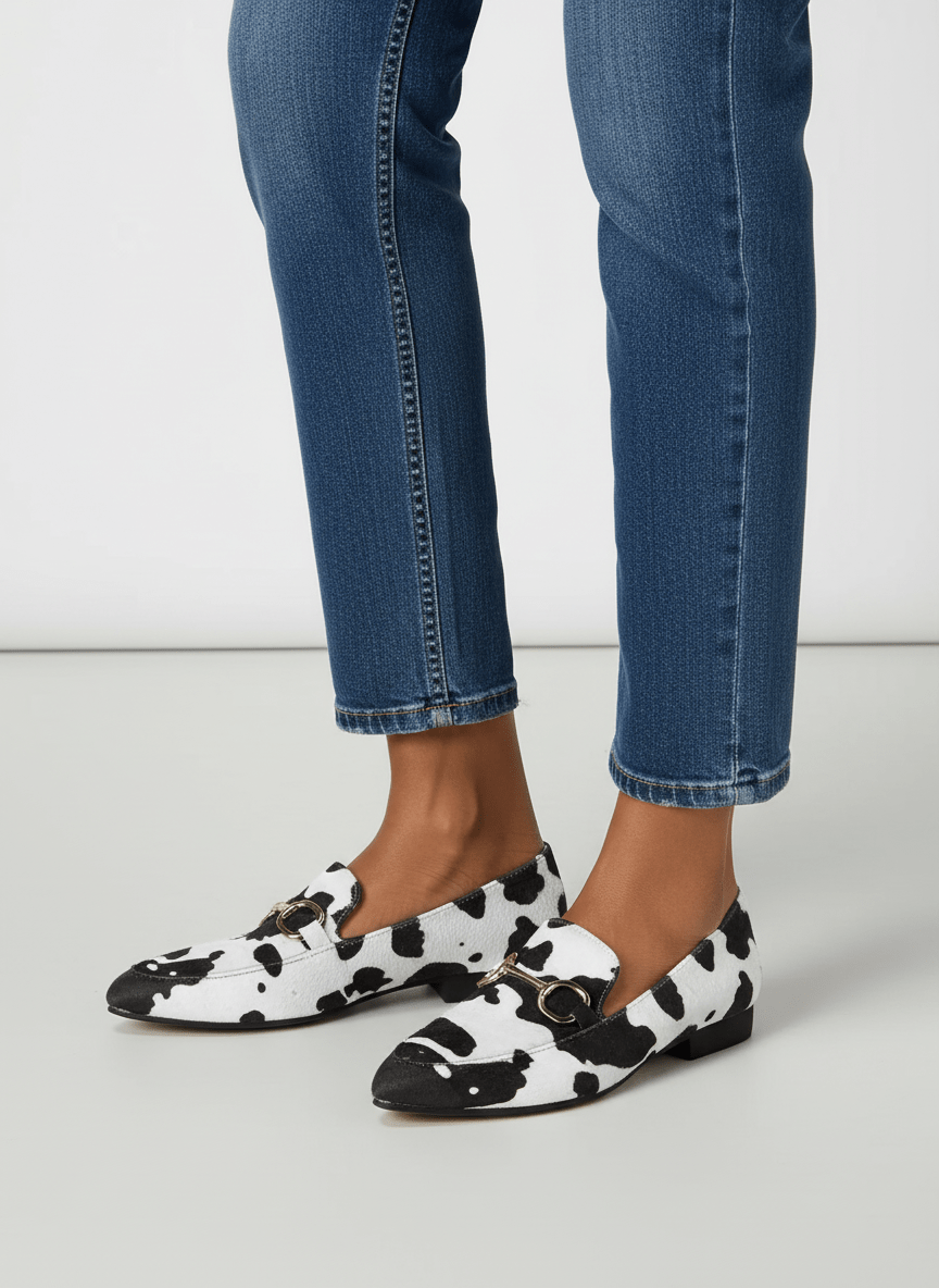 COWEASE | COW PRINT LOAFERS WITH GOLD DETAILING