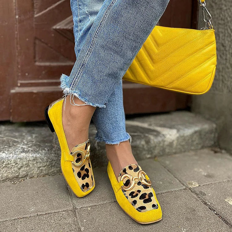 YELLOWSTRIDE | YELLOW LOAFERS WITH LEOPARD PRINT DETAIL