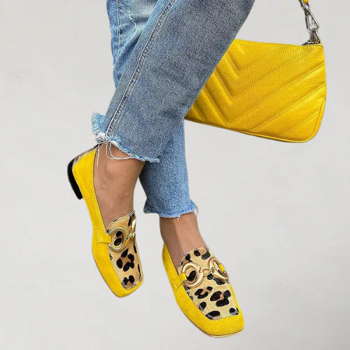 YELLOWSTRIDE | YELLOW LOAFERS WITH LEOPARD PRINT DETAIL