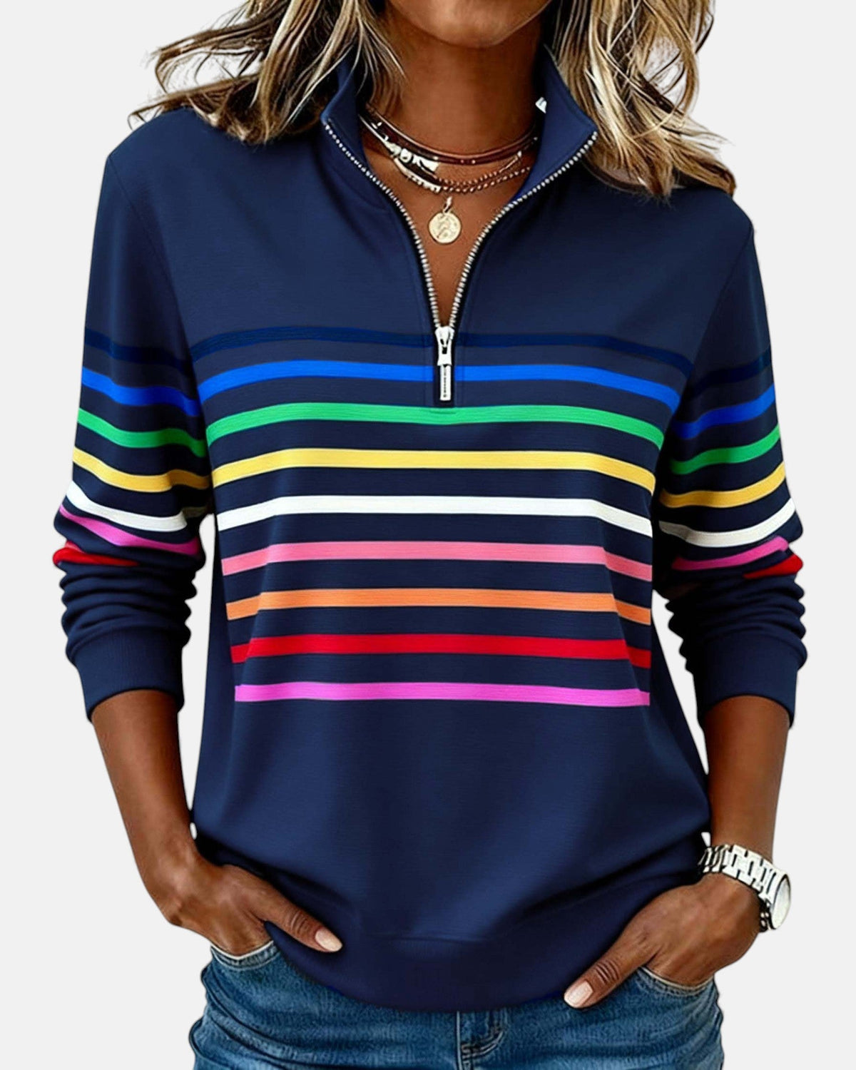 JUDITH | RAINBOW STRIPED ZIP SWEATSHIRT